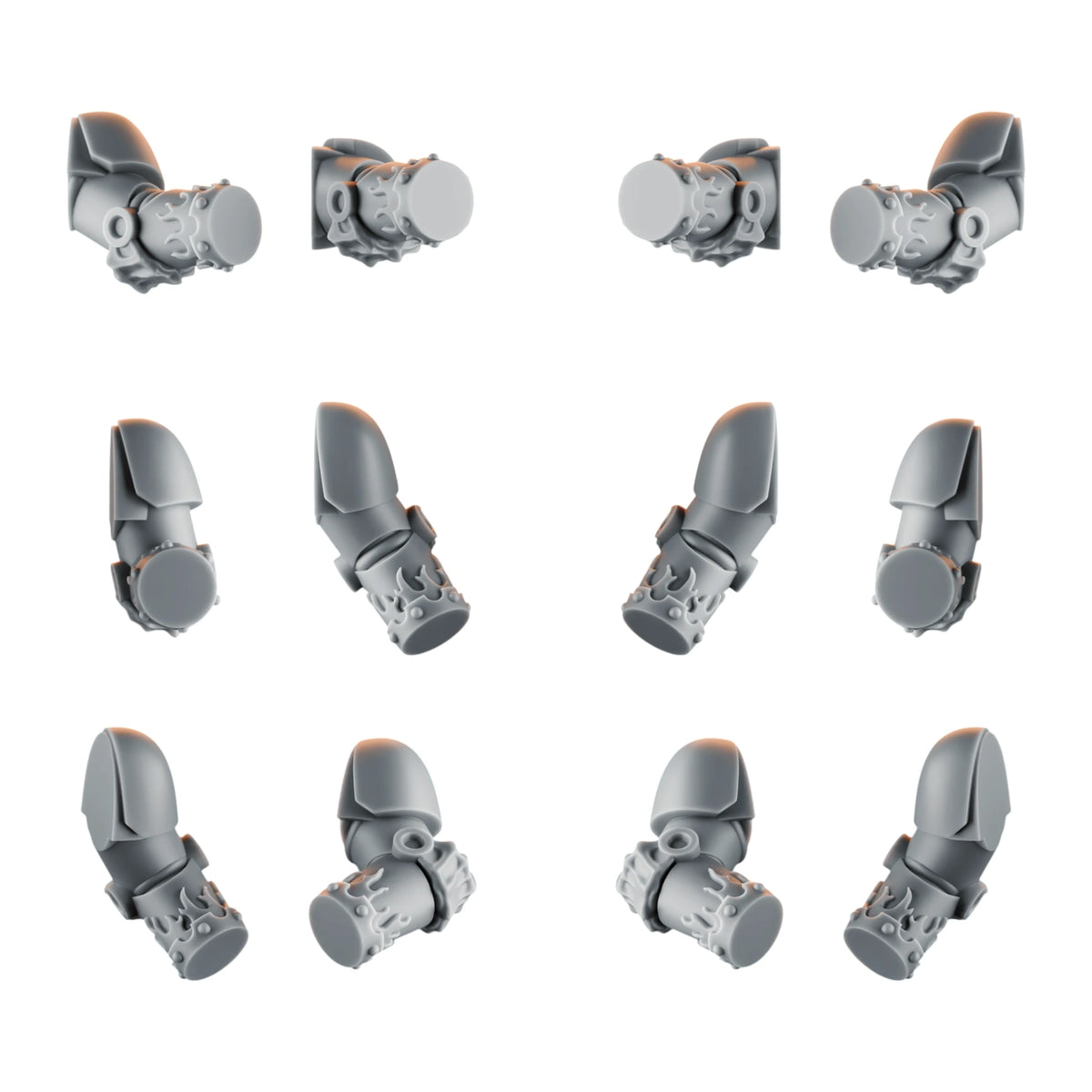 Emberforge Arms Set 2 - twelve 3D printed resin armoured arms, six left and six right, for Salamanders-style Space Marines