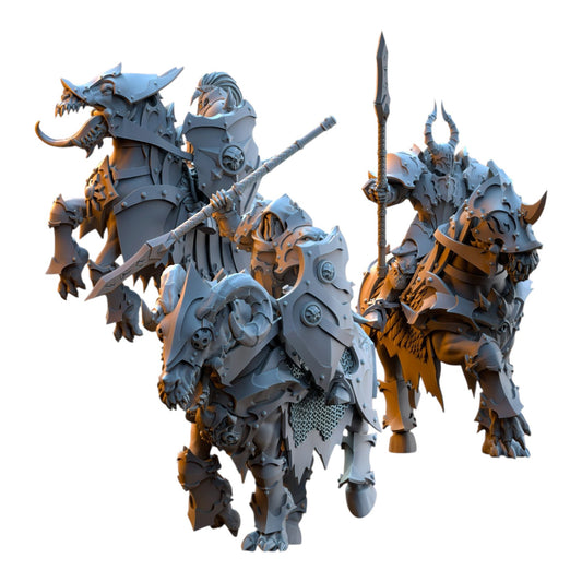 CT Miniatures UK set of three grey resin Ascended Knights mounted on armored fantasy steeds with spears and shields.