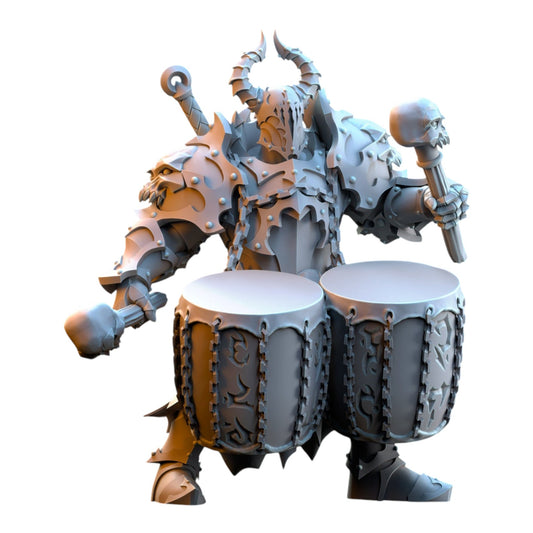 CT Miniatures UK Ascended Command Group musician miniature in grey resin, featuring horned armor and war drums.
