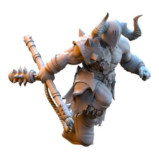 CT Miniatures UK grey resin 32mm barbarian despoiler miniature with horned helmet and flail for tabletop wargaming