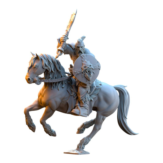 CT Miniatures UK 32mm grey resin barbarian rider miniature with sword and skull shield on horseback for tabletop gaming