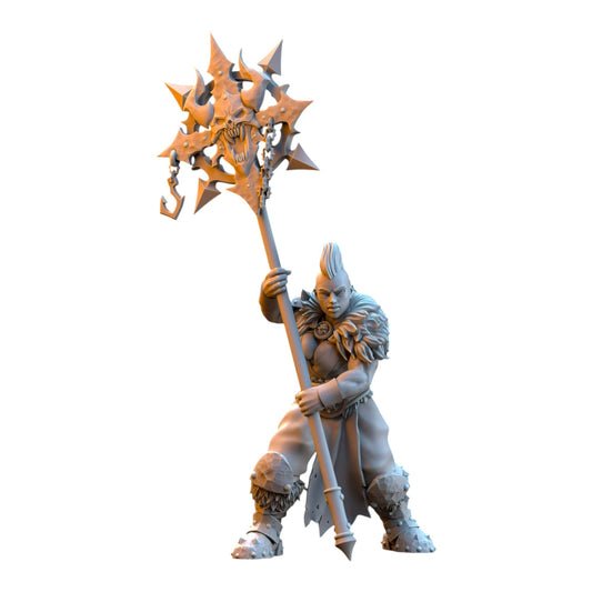 CT Miniatures UK 32mm grey resin barbarian standard bearer miniature with a spiked skull banner for tabletop gaming.