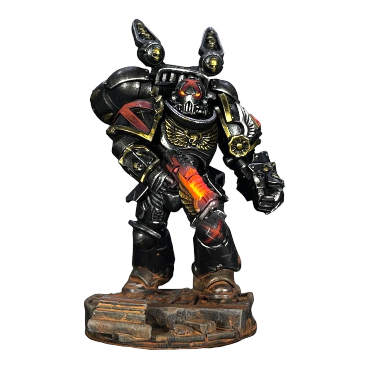 CT Miniatures UK Crimson Lords conversion bits: black resin miniature with red and gold accents, ornate gothic details, and glowing weapon.