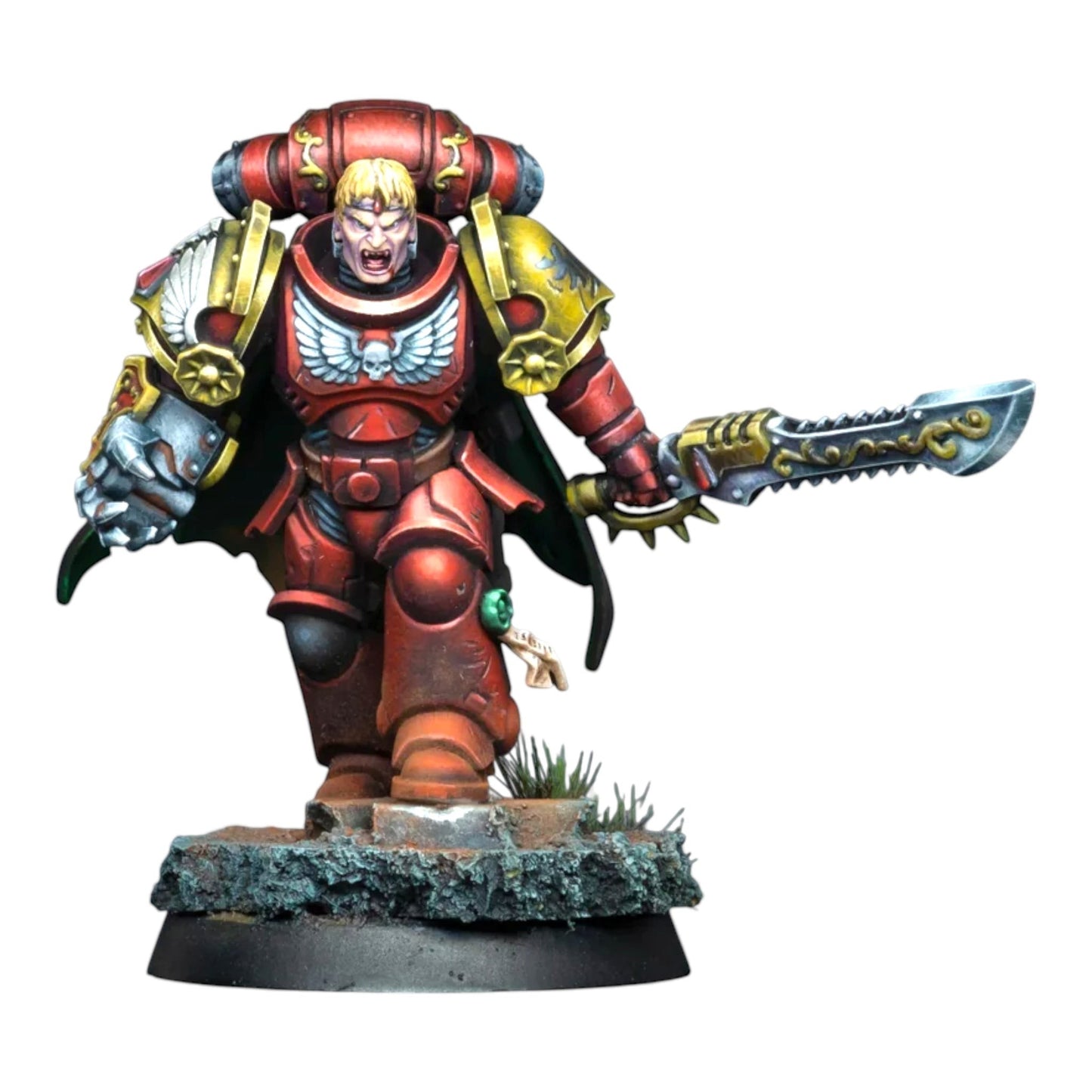 CT Miniatures UK Crimson Pack miniature figure with red armor, gold trim, and ornate sword. Perfect for tabletop gaming.