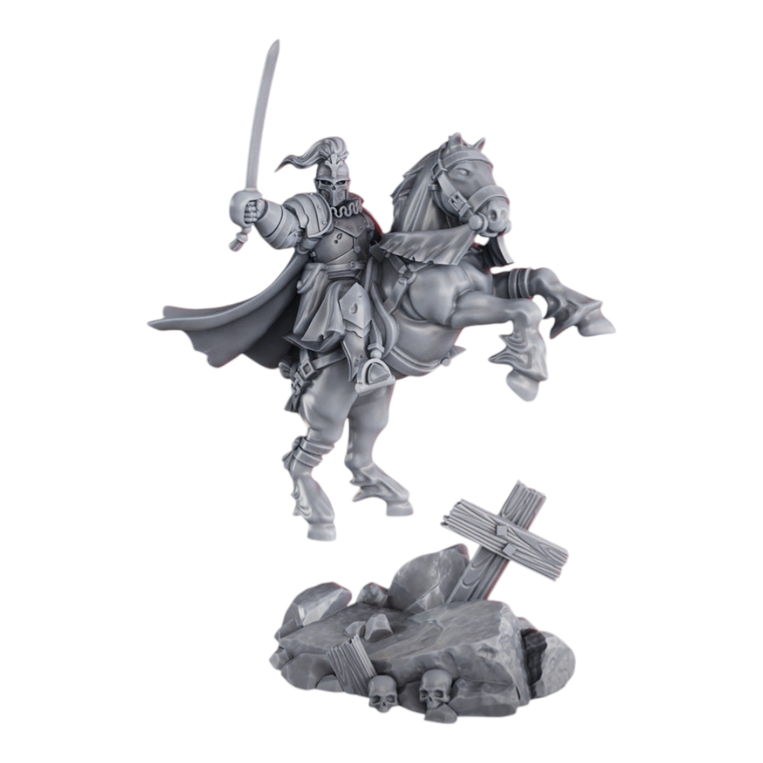 CT Miniatures UK Don Miguel de Espinosa Cortes Gravekeeper miniature on horseback, holding a sword, with a base of rocks and skulls.