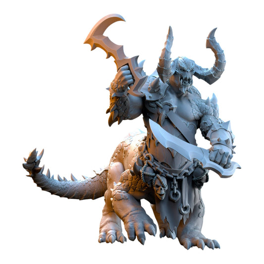 CT Miniatures UK grey resin Dragonard fantasy miniature wielding dual curved blades with detailed horns and scales