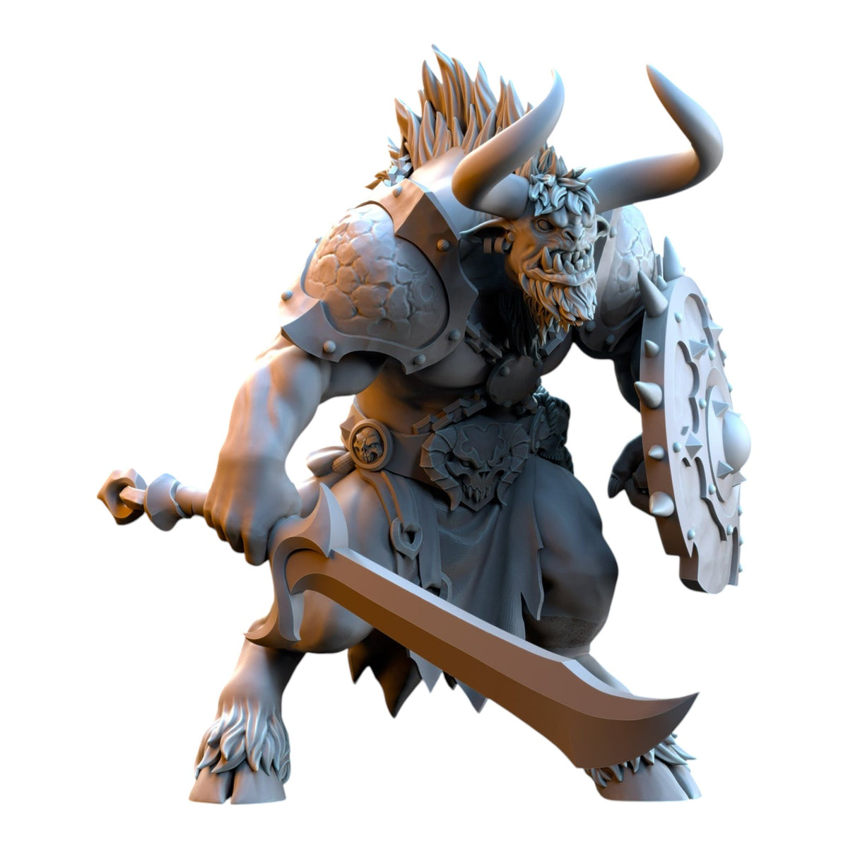 CT Miniatures UK grey resin minotaur warrior miniature holding a large sword and spiked shield for tabletop gaming