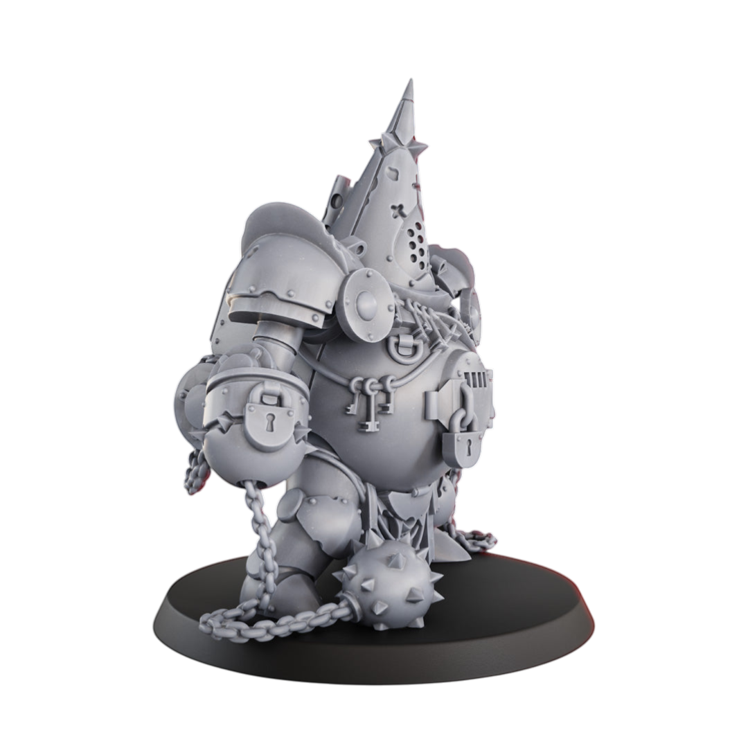 CT Miniatures UK Jaula de Castigo miniature, a grey resin mechanical golem with locks, keys, and spiked chains.