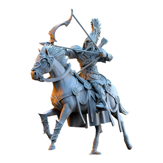 CT Miniatures UK 32mm scale Silvermoor Elves Archer Cavalry resin miniature in grey, featuring an elf on horseback.