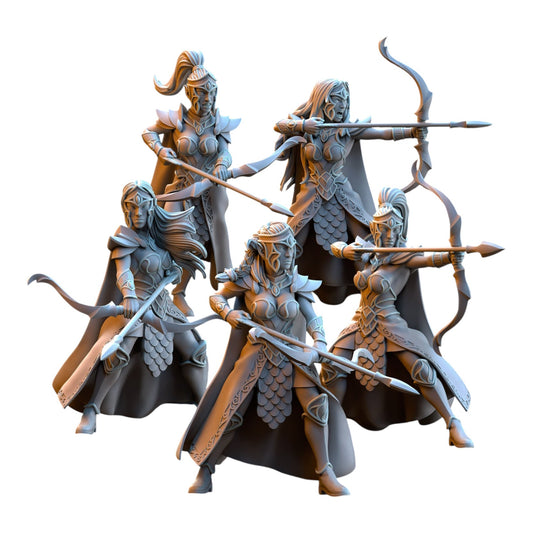 CT Miniatures UK set of five 32mm grey resin Silvermoor Elves Sisterhood Archer miniatures for tabletop gaming.