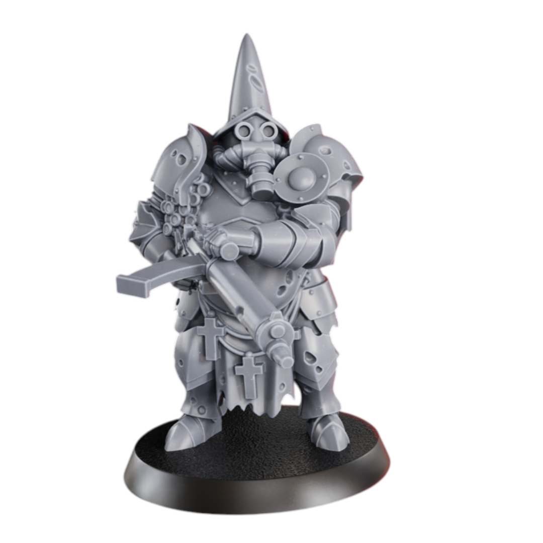 CT Miniatures UK Verdugo Inquisitorial miniature with machinegun, gas mask, and pointed helmet. 36.5mm height.