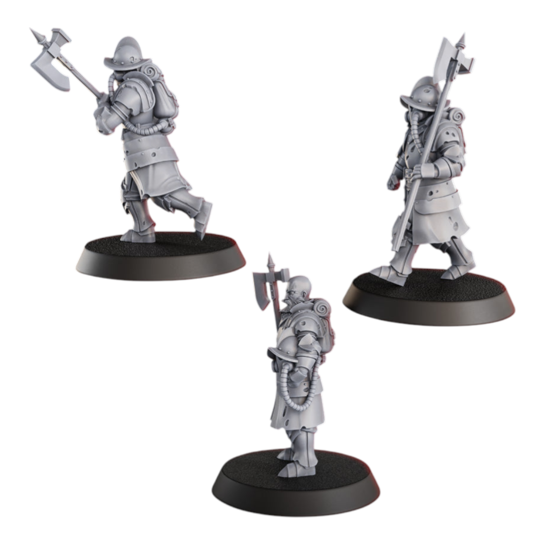 CT Miniatures UK Conquistador Vanguard resin miniatures with axes and backpacks, 33mm height, 32mm scale.