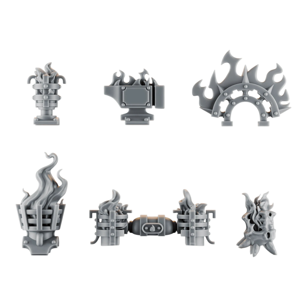 Emberforge Backpack Decorations - 3D printed resin braziers and trophies for Salamanders-style Space Marine backpacks
