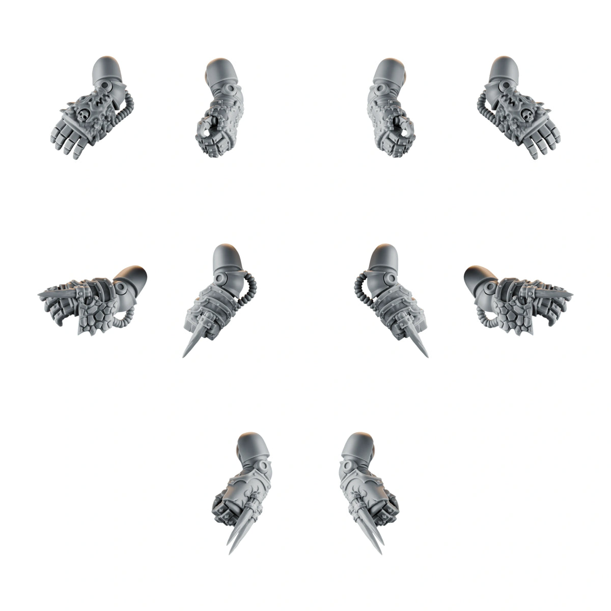 Emberforge Fists Set 1 - ten 3D printed resin power fist arms, five left and five right, for Salamanders-style Space Marines