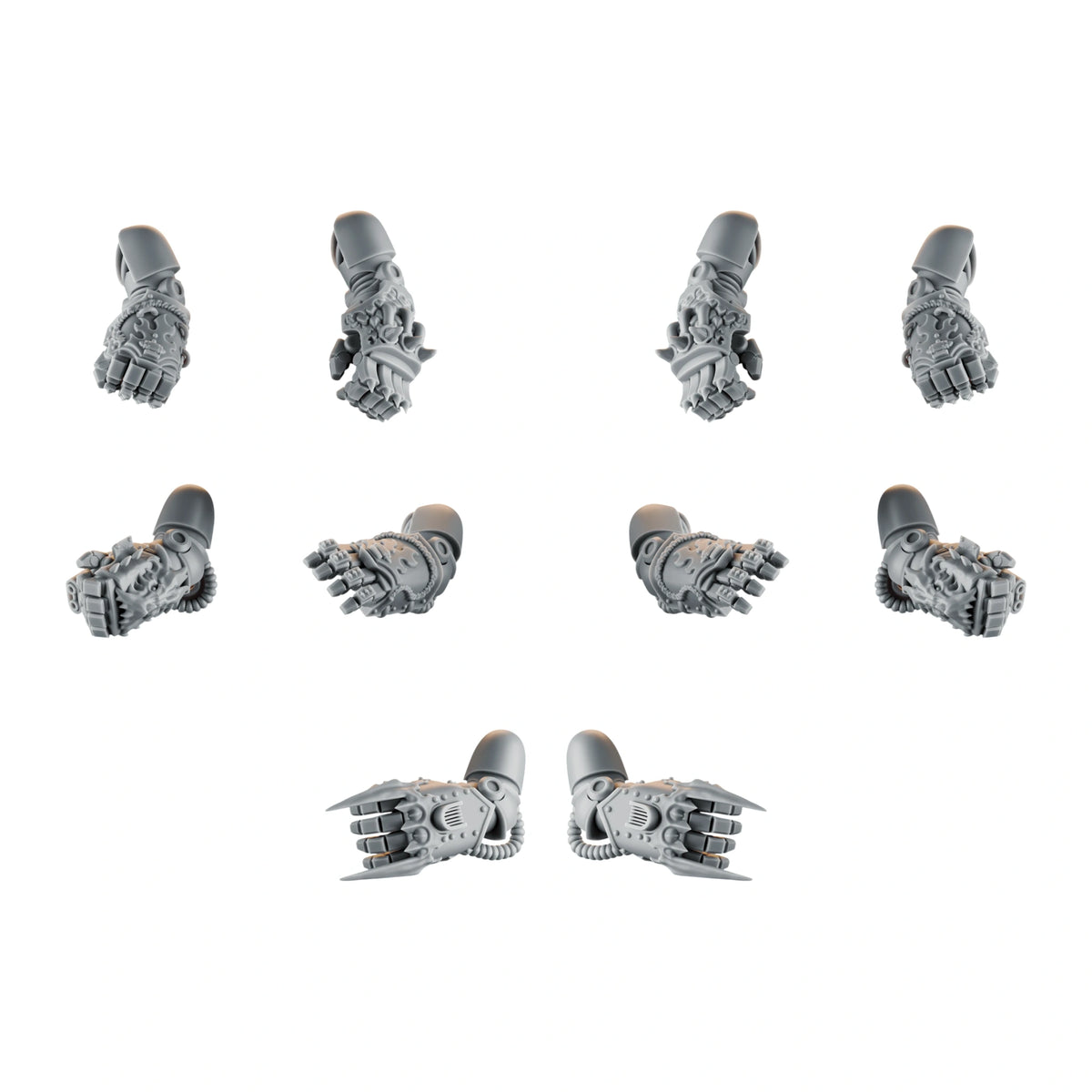 Emberforge Fists Set 2 - ten 3D printed resin power fist arms, five left and five right, for Salamanders-style Space Marines