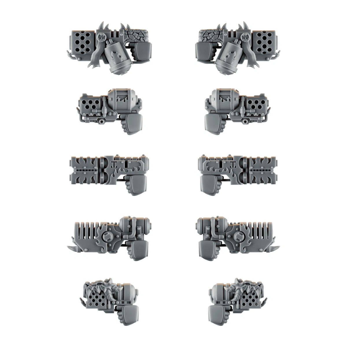 Emberforge Guns Set 1 - five 3D printed resin guns shown in left and right-handed versions, for Salamanders-style Space Marines
