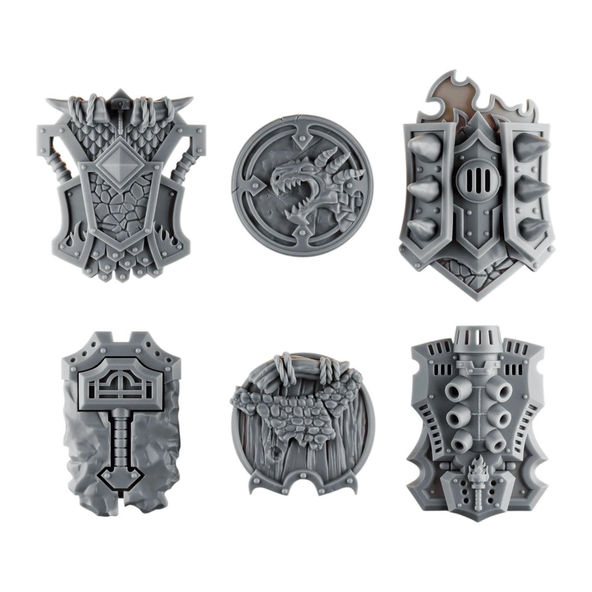 Emberforge Shields - 3D printed resin shields, shown on a white background