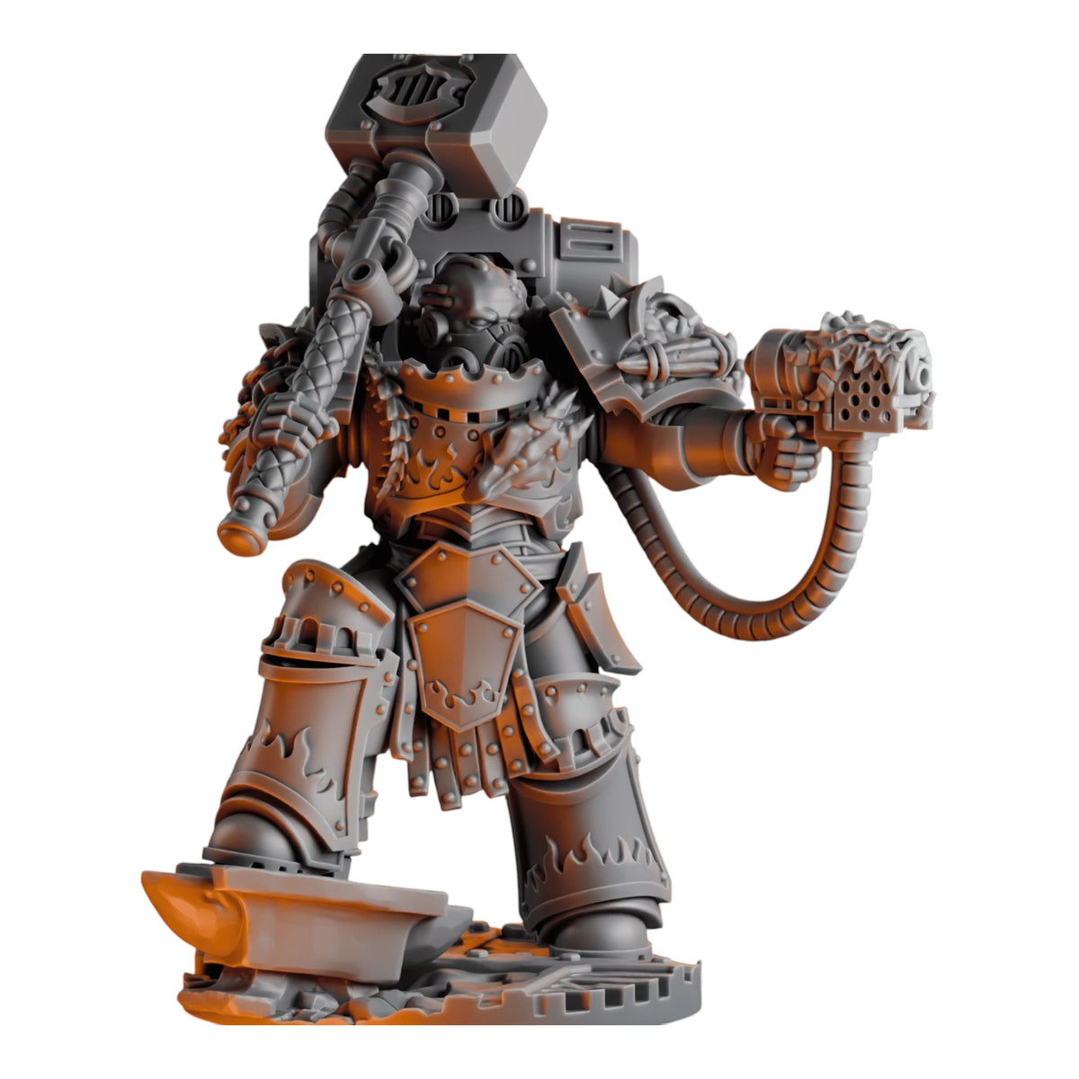 Emberforge Tharn Vulkanis - 3D printed resin heavy-armoured hero with flamer and hammer, front view