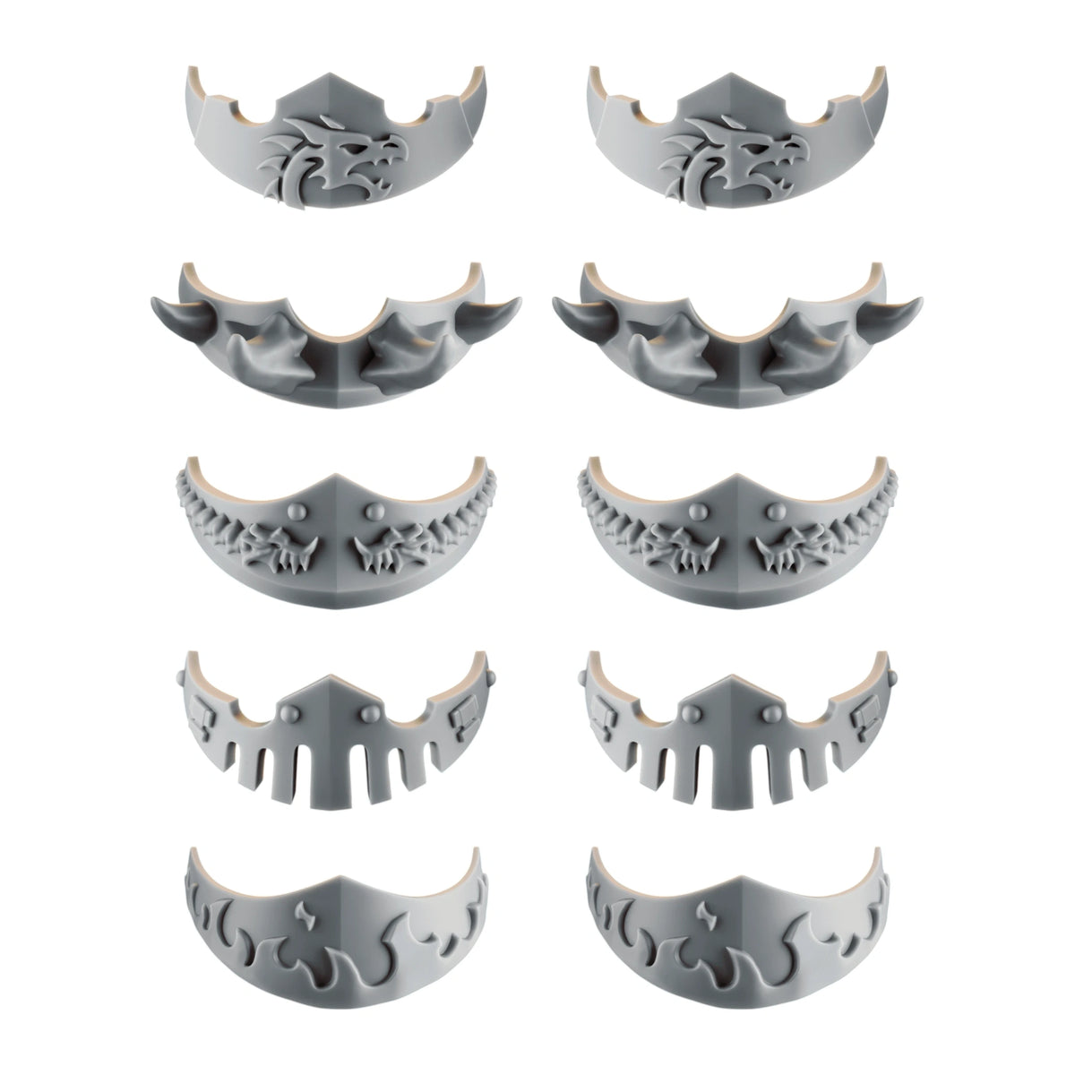Emberforge Gorgets - ten 3D printed resin throat guards, two each of five designs, for Salamanders-style Space Marines