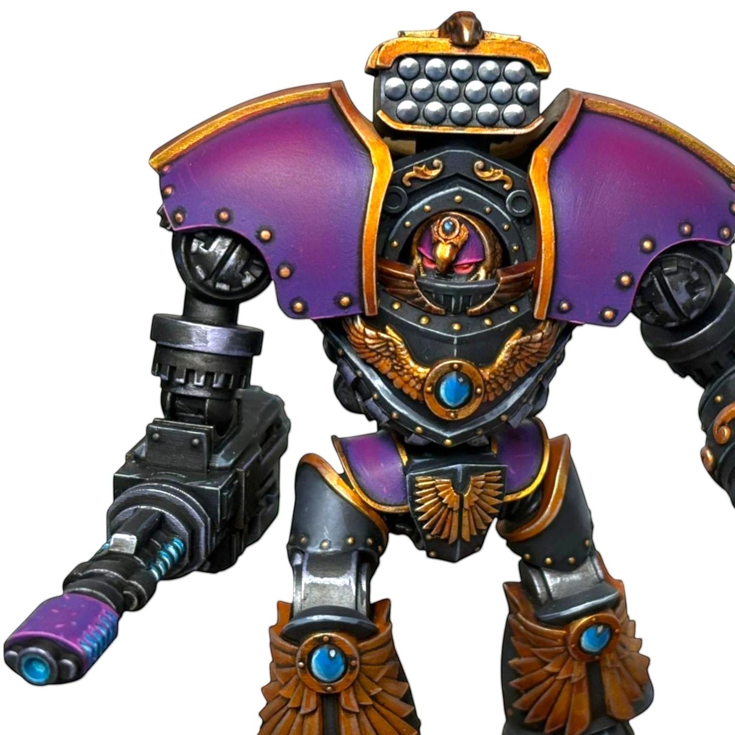 CT Miniatures UK Altus Spaciator miniature, a large grey robot with purple and gold accents, detailed armour, and a weapon.