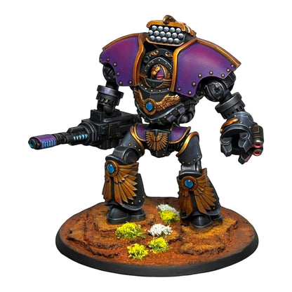 CT Miniatures UK Altus Spaciator miniature, a large grey robot with purple shoulder pauldrons and gold accents, holding a large gun.
