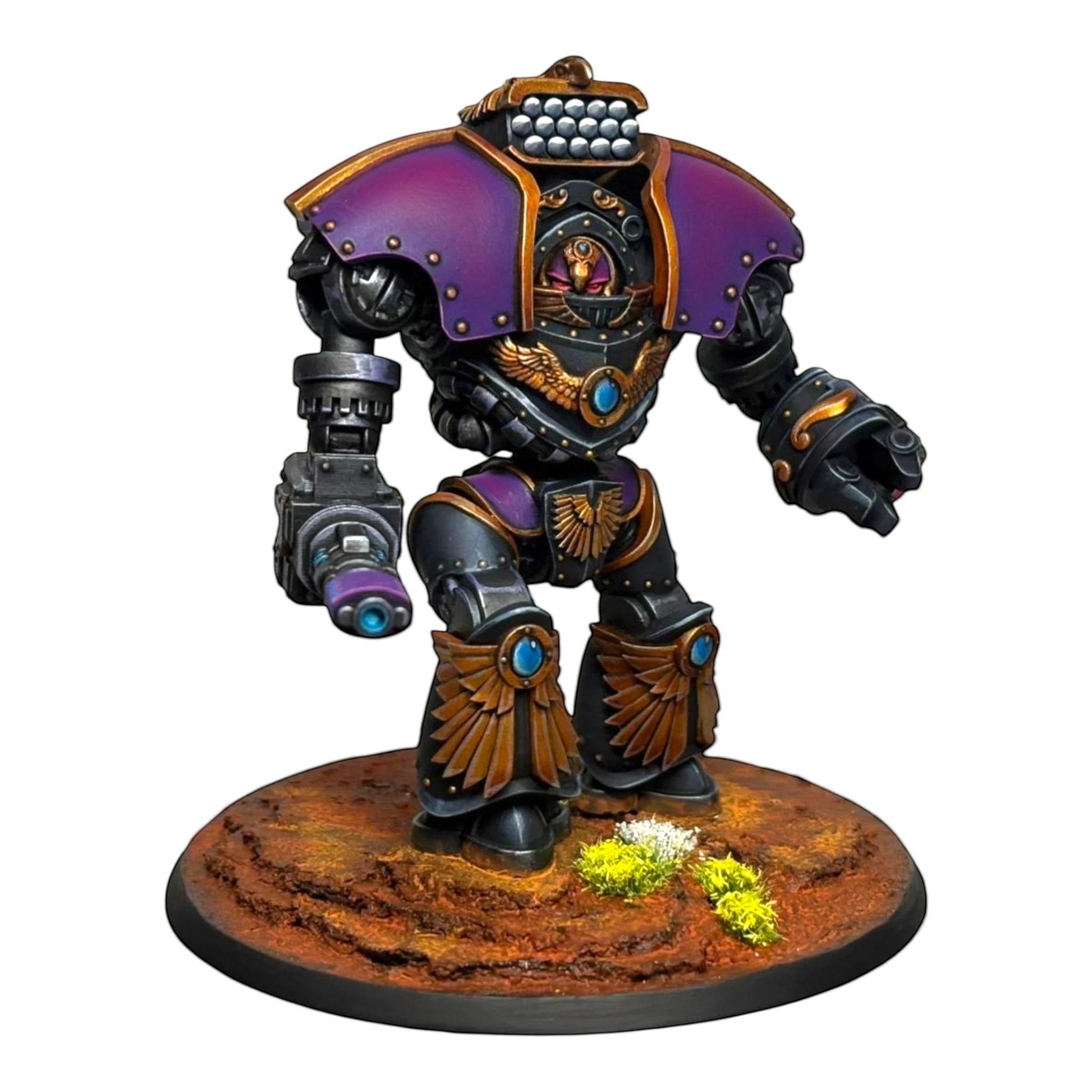 CT Miniatures UK Altus Spaciator miniature, a grey resin model with purple and gold accents, featuring a weapon arm and detailed armor.
