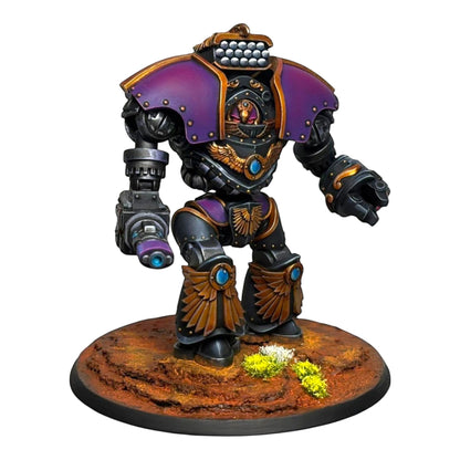 CT Miniatures UK Altus Spaciator miniature, a grey resin model with purple and gold accents, featuring a weapon arm and detailed armor.