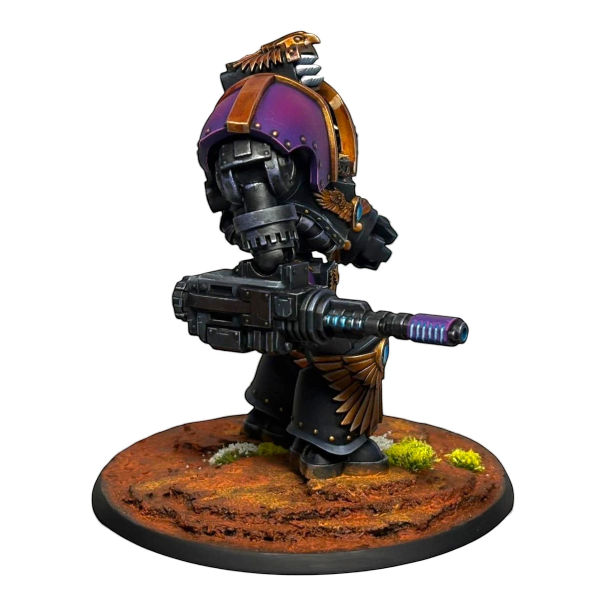 CT Miniatures UK Altus Spaciator miniature with purple shoulder pads, gold accents, and a large gun.