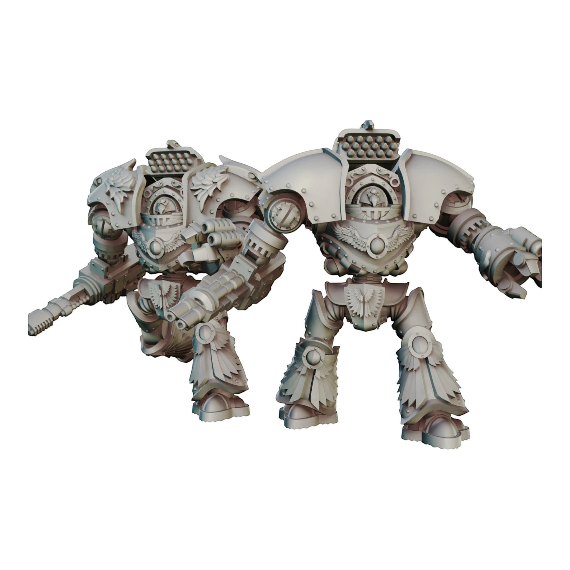 CT Miniatures UK Altus Spaciator 3D printed resin miniature with missile launchers and arm cannons, grey.
