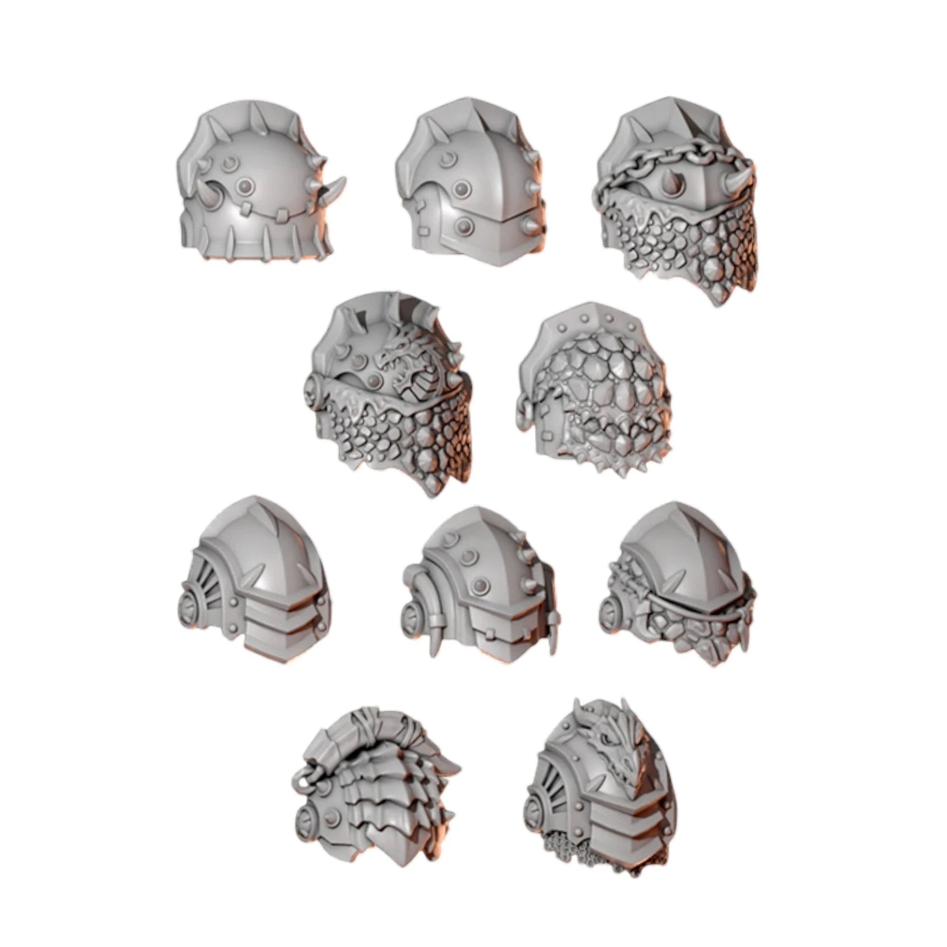 CT Miniatures UK set of 10 grey resin Anvil Wardens grav shoulder pads with dragon scale and spiked armor designs.
