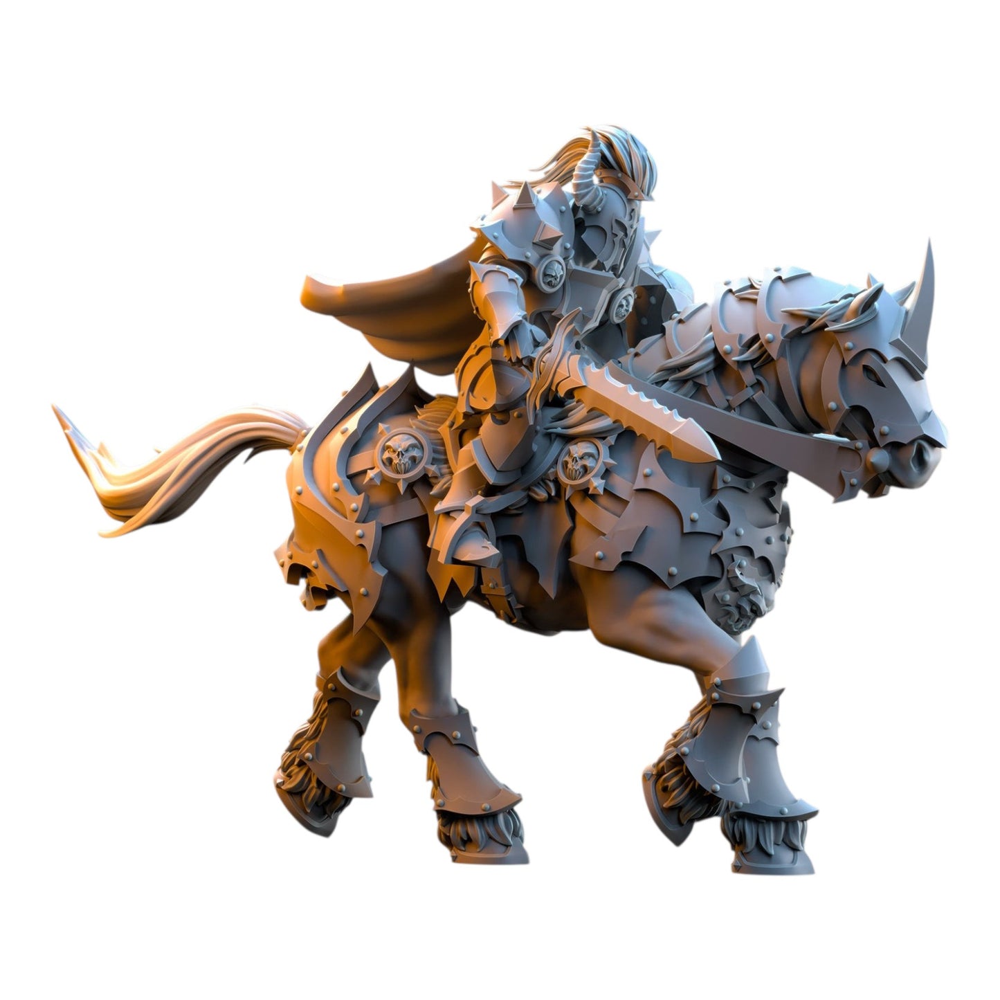 CT Miniatures UK 3D printed grey resin knight on armored warhorse with sword and shield for tabletop wargaming