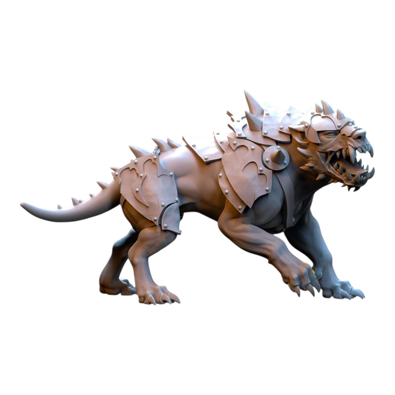 CT Miniatures UK 3D printed grey resin Hellhound miniature with spiked armor for fantasy tabletop wargaming