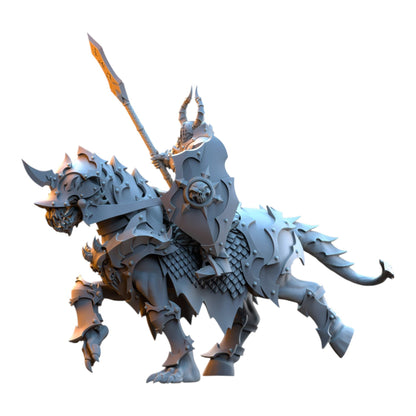 CT Miniatures UK Ascended Knight miniature on a barded fantasy steed, 3D printed in grey resin with intricate armor.