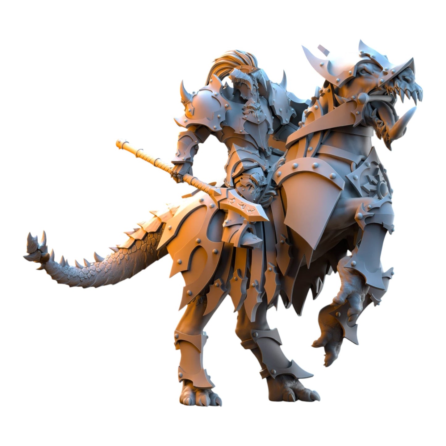 CT Miniatures UK 3D printed grey resin Ascended Knight miniature riding a heavily armored reptilian war beast