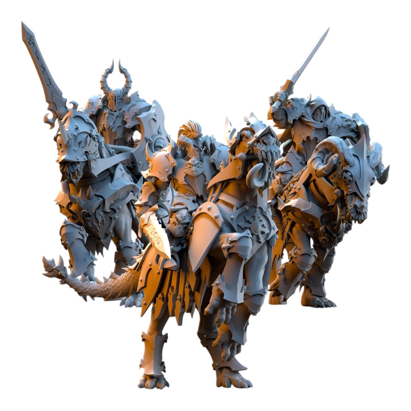 CT Miniatures UK set of three grey resin Ascended Knights mounted on armored fantasy beasts with swords and armor.