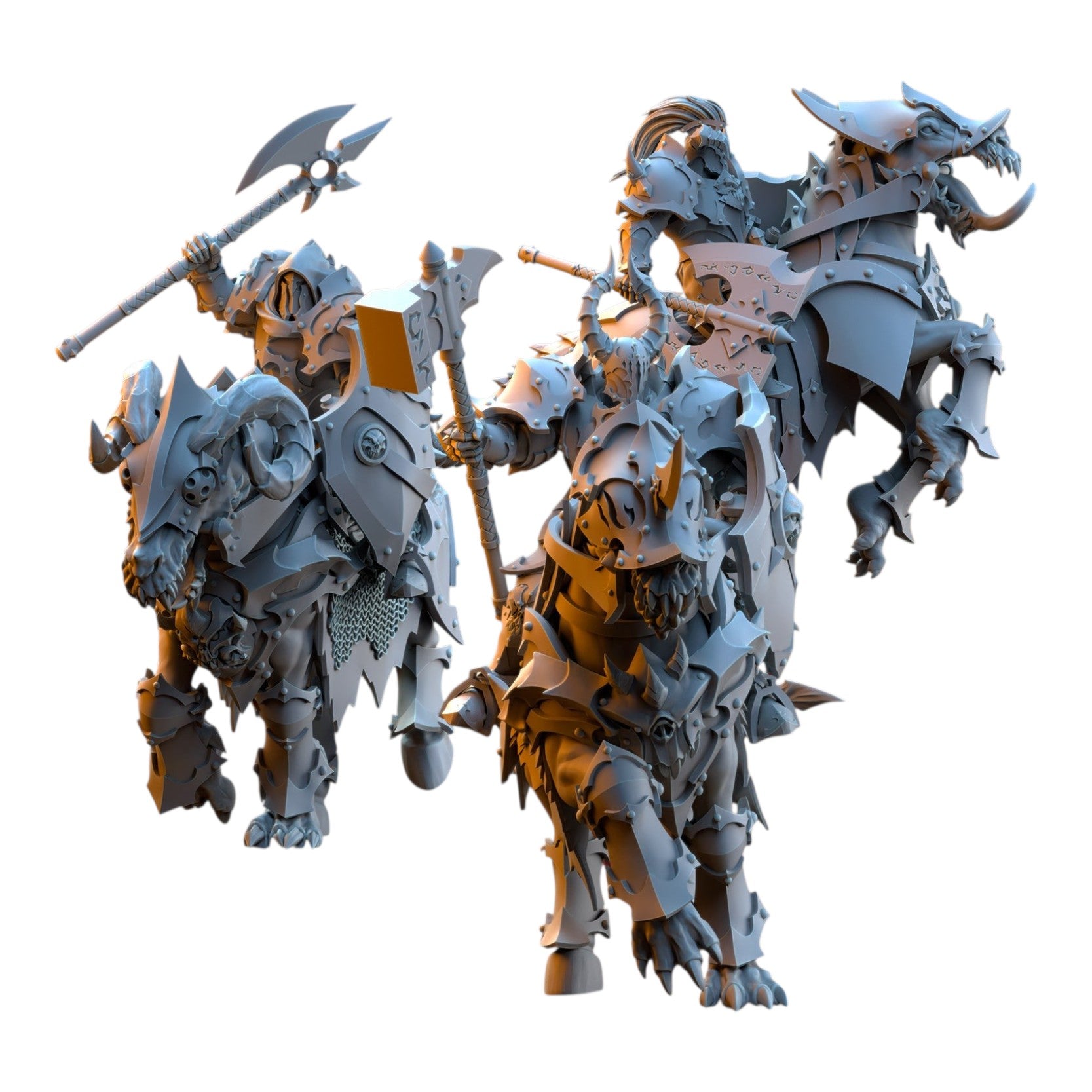 CT Miniatures UK set of three grey resin Ascended Knights mounted on armored fantasy steeds with various weapons.