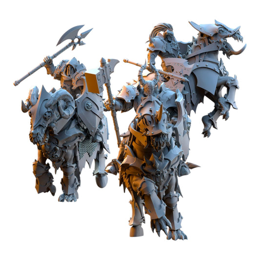 CT Miniatures UK set of three grey resin Ascended Knights mounted on armored fantasy steeds with various weapons.