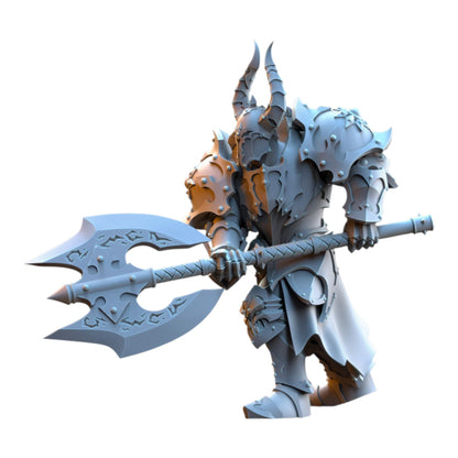 CT Miniatures UK The Ascended grey resin wargaming miniature holding a large battle axe with horned helmet and armor
