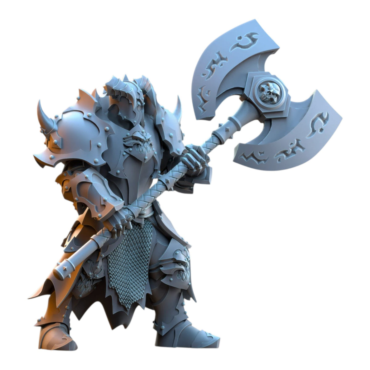 CT Miniatures UK The Ascended grey resin wargaming miniature holding a large battle axe with intricate skull detail.