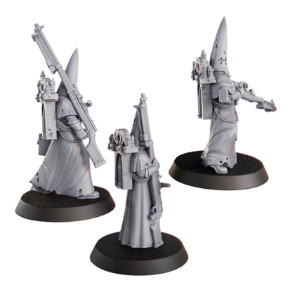 CT Miniatures UK 3x Novitiate of Asesino de Tanques miniatures with large rifles, grey resin, 34mm height, 40mm bases.