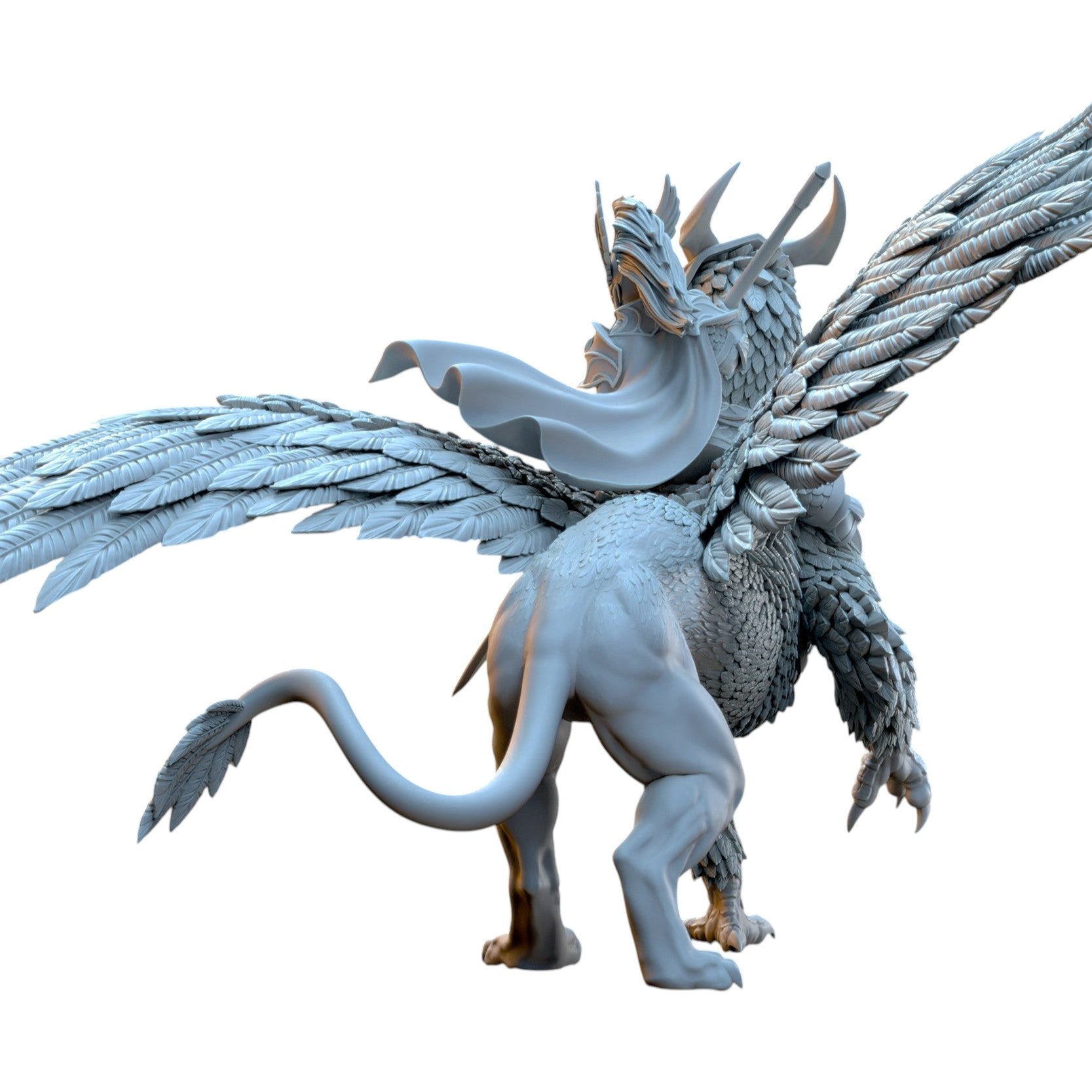 CT Miniatures UK 3D printed grey resin Ashur on War Gryphon fantasy miniature showing detailed wings and flowing cape