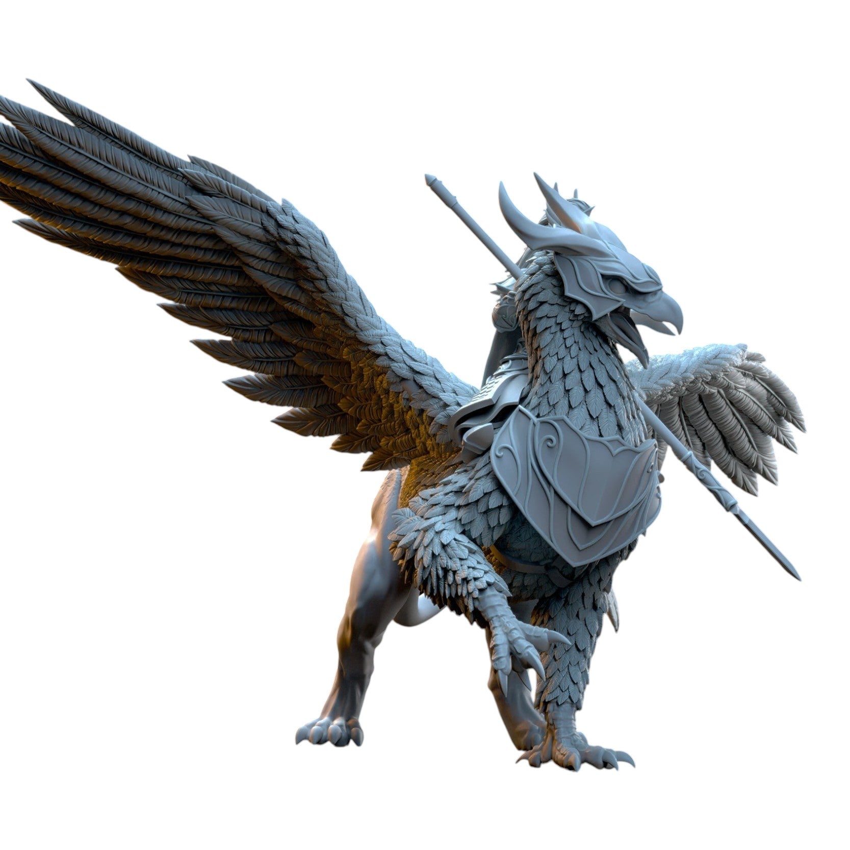 CT Miniatures UK Ashur on War Gryphon 3D printed grey resin fantasy miniature with intricate feather and armor detail