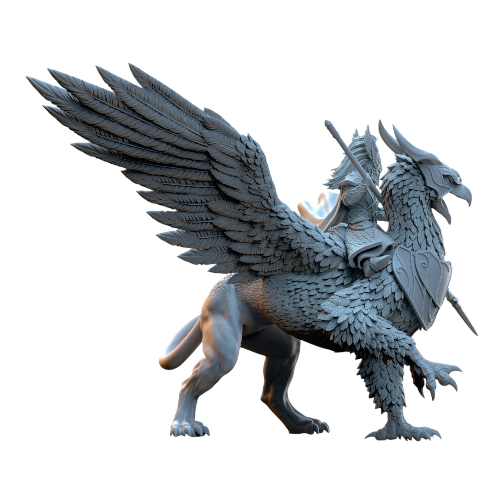 CT Miniatures UK Ashur on War Gryphon fantasy miniature in grey resin, featuring detailed wings and elven rider.