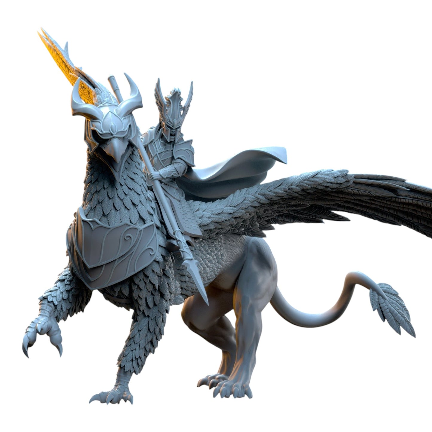 CT Miniatures UK Ashur on War Gryphon fantasy miniature, 3D printed grey resin elf knight with spear and winged beast.