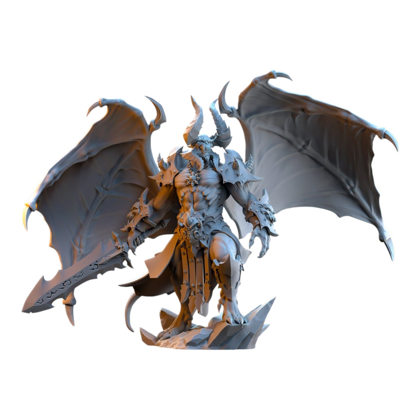 CT Miniatures UK Azagoth Prince of Mayhem grey resin fantasy demon miniature with large wings and sword on 60mm base