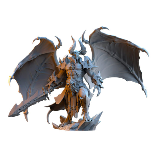 CT Miniatures UK Azagoth Prince of Mayhem grey resin fantasy demon miniature with large wings and sword on 60mm base