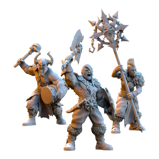 CT Miniatures UK Barbarian Command Group set featuring a sergeant, musician, and standard bearer in grey resin.