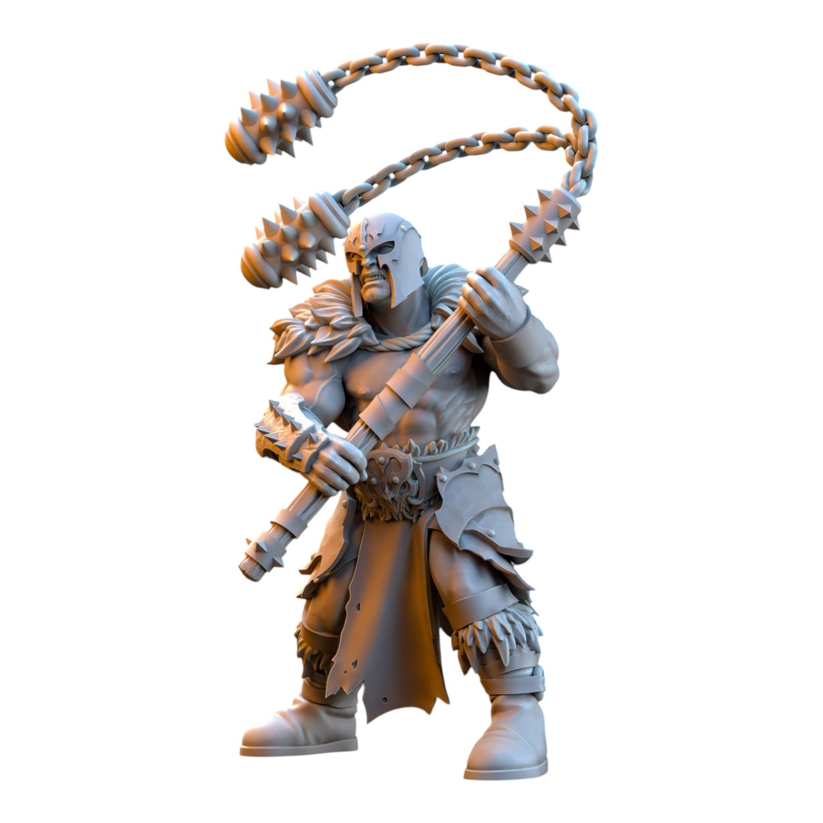 CT Miniatures UK grey resin 32mm barbarian despoiler miniature wielding a spiked flail for tabletop fantasy gaming.