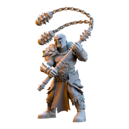 CT Miniatures UK grey resin 32mm barbarian despoiler miniature wielding a spiked flail for tabletop fantasy gaming.