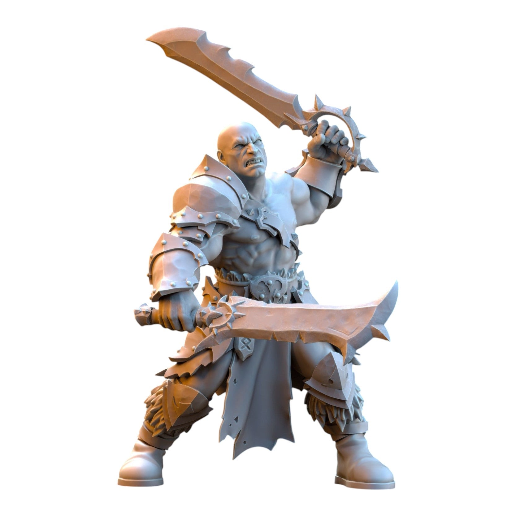 CT Miniatures UK grey resin 32mm barbarian despoiler miniature wielding dual serrated swords for tabletop wargaming